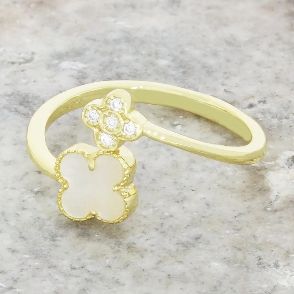 Four Leaf Clover Sterling Silver Ring Gold Tone Mother of Pearl GVL061