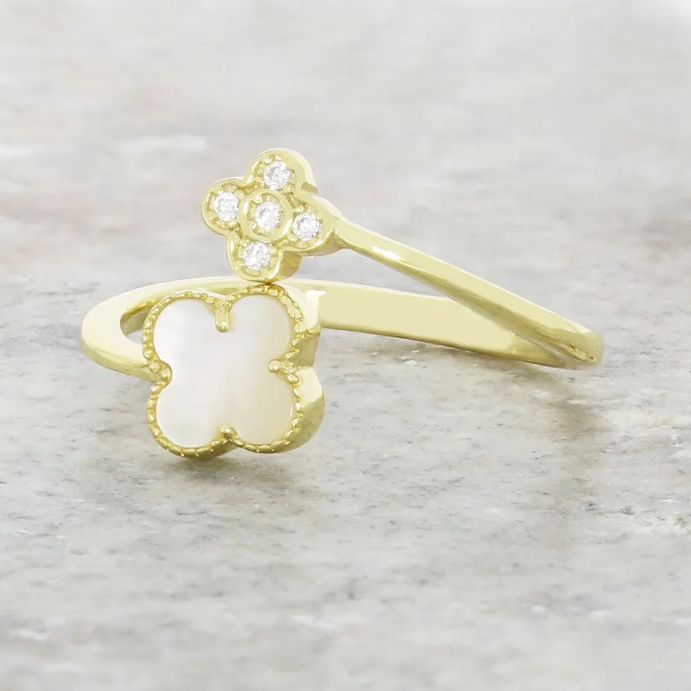 Four Leaf Clover Sterling Silver Ring Gold Tone Mother of Pearl GVL061