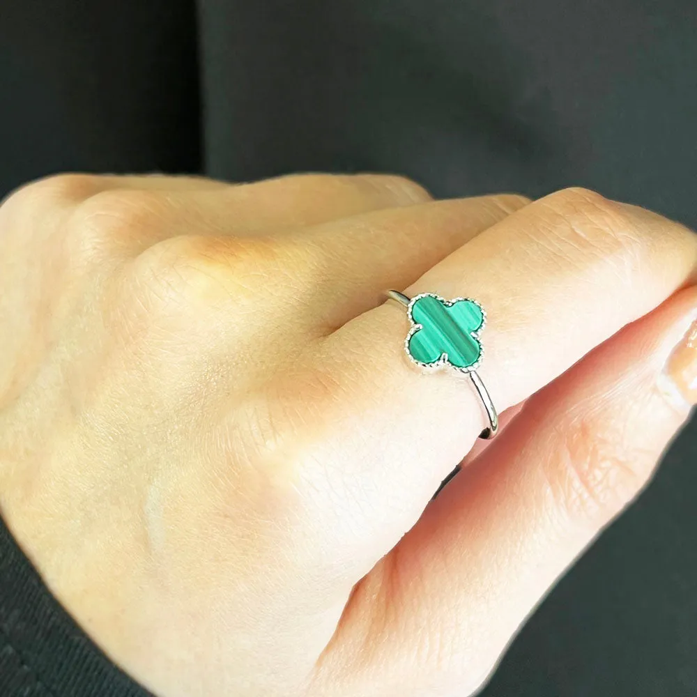 Four Leaf Clover Sterling Silver Ring Green Stone GVL042