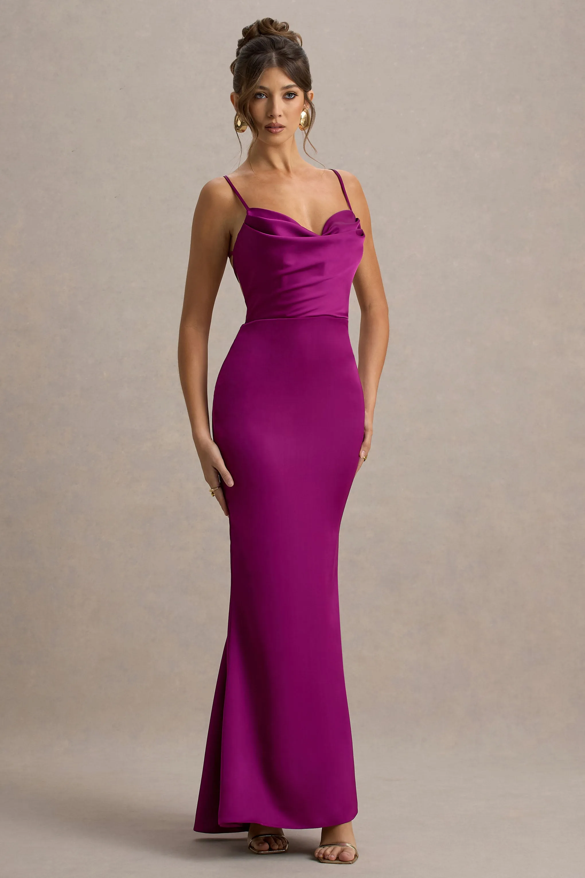 Gia | Dark Pink Satin Cowl-Neck Maxi Dress Club L London