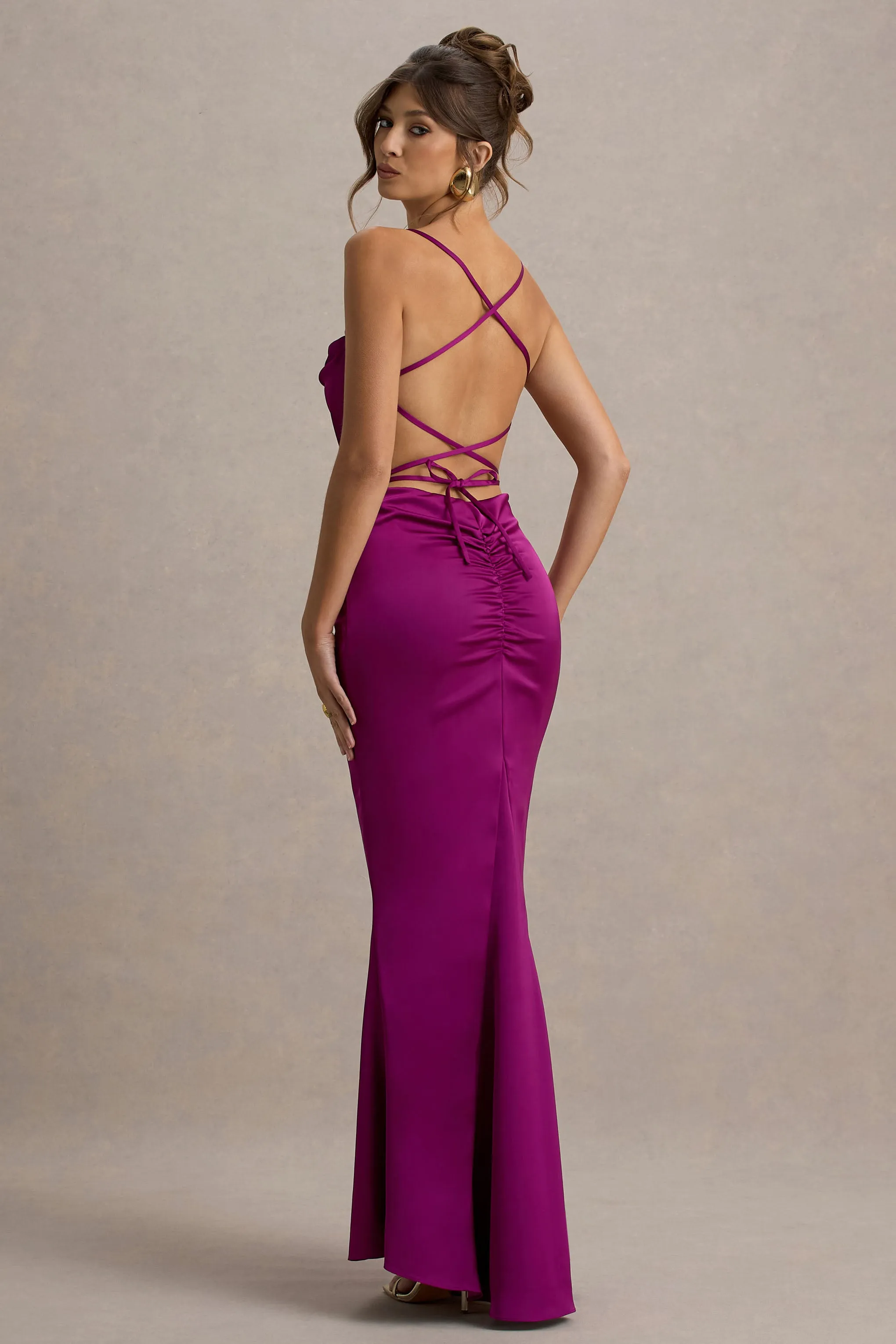 Gia | Dark Pink Satin Cowl-Neck Maxi Dress Club L London