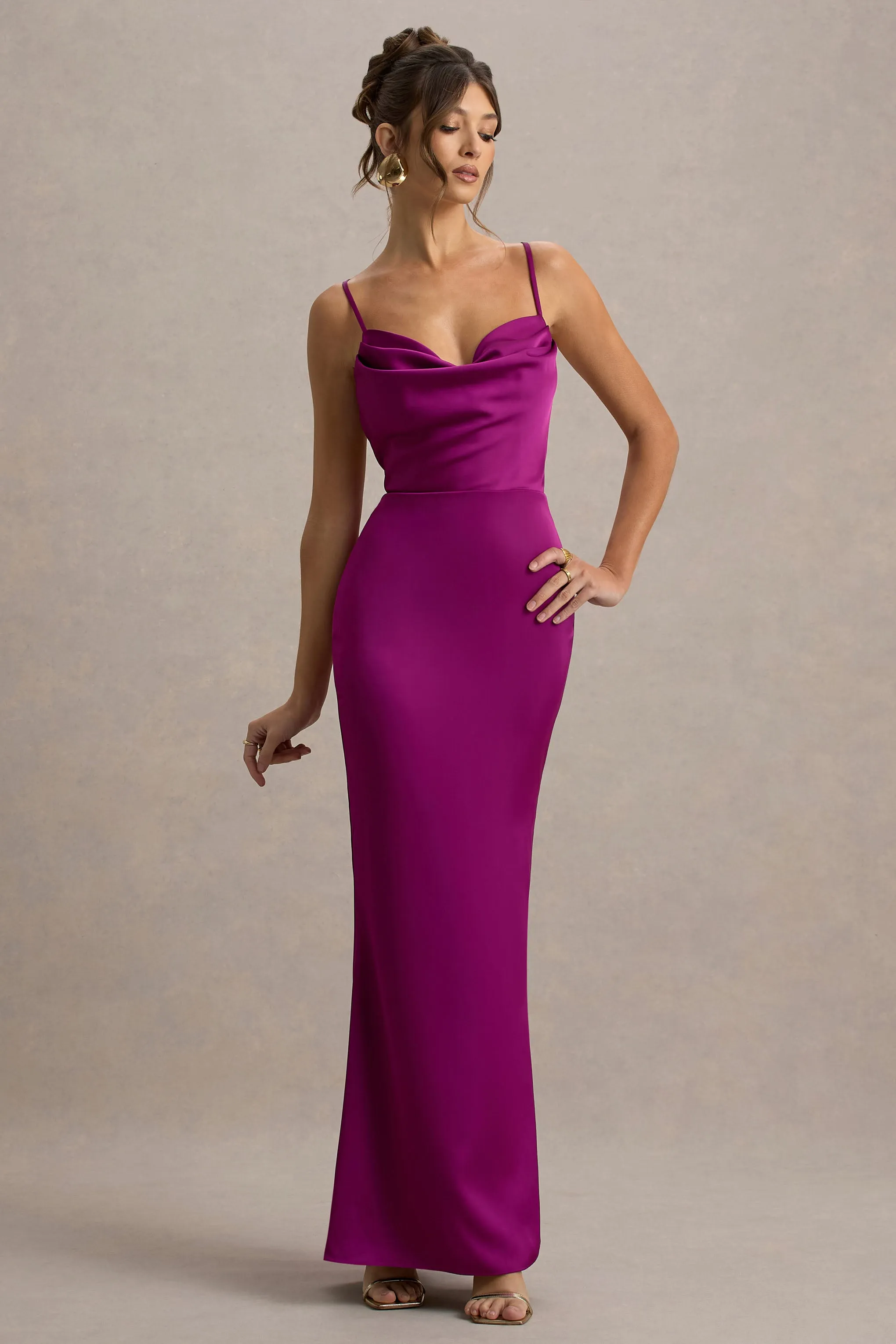 Gia | Dark Pink Satin Cowl-Neck Maxi Dress Club L London