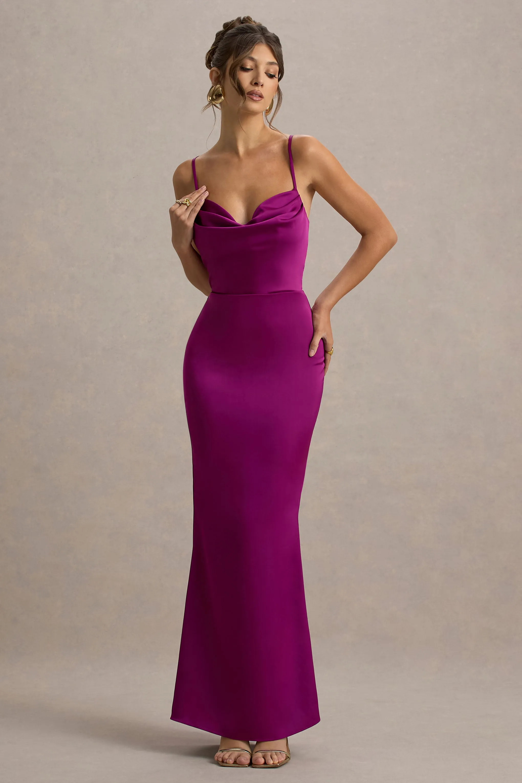 Gia | Dark Pink Satin Cowl-Neck Maxi Dress Club L London