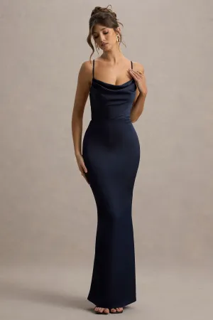 Gia | Navy Satin Cowl-Neck Maxi Dress Club L London