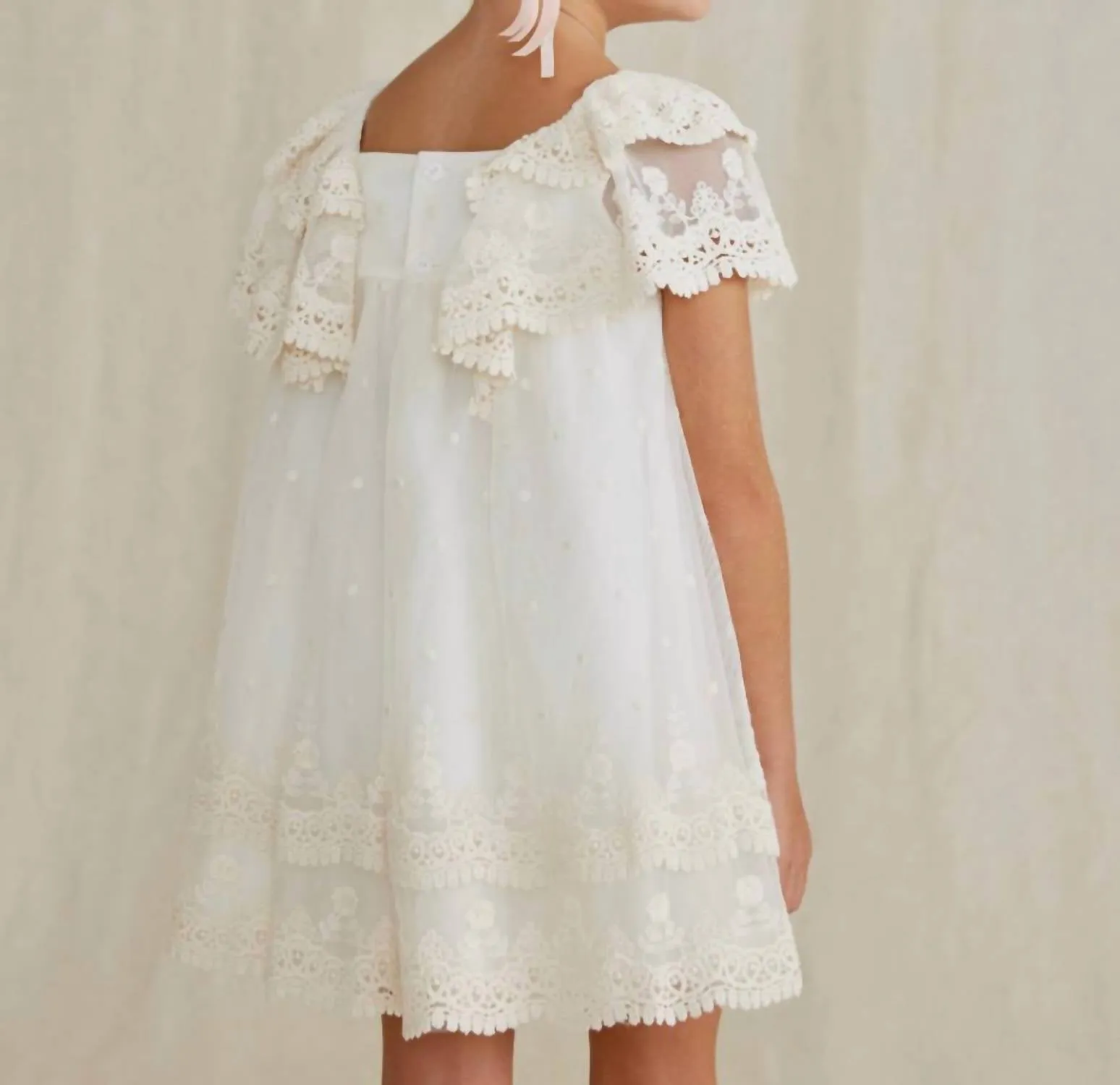 Girl's Embroidered Tulle Dress In Cream