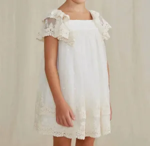 Girl's Embroidered Tulle Dress In Cream