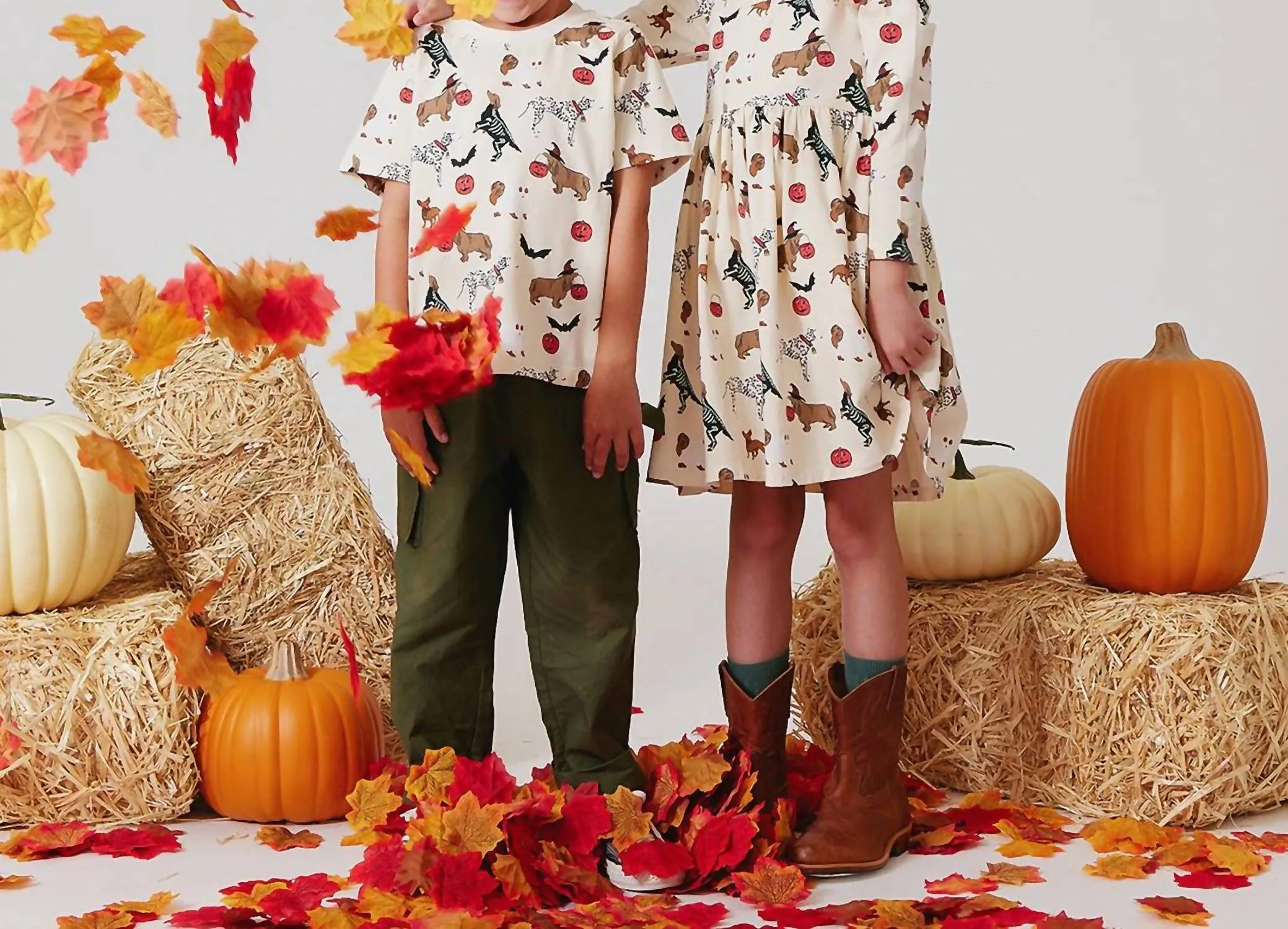 Girls Organic Long Sleeve Steph Dress In Spooky Dogs