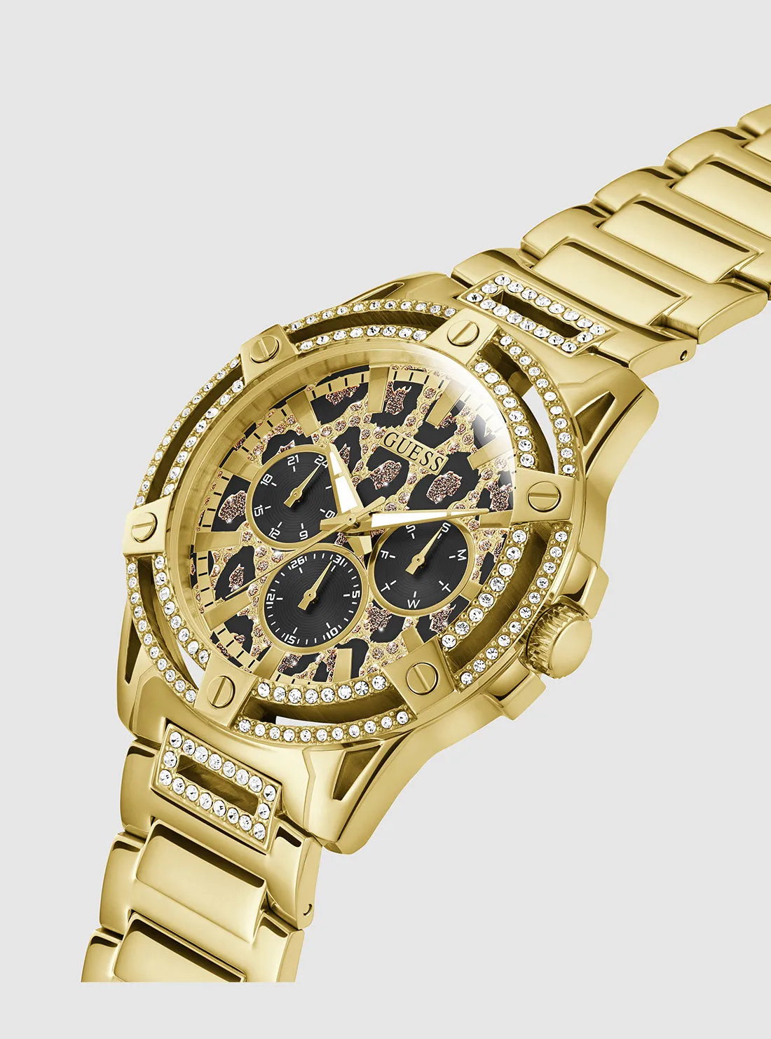 Gold King Animal Print Dial Link Watch Guess