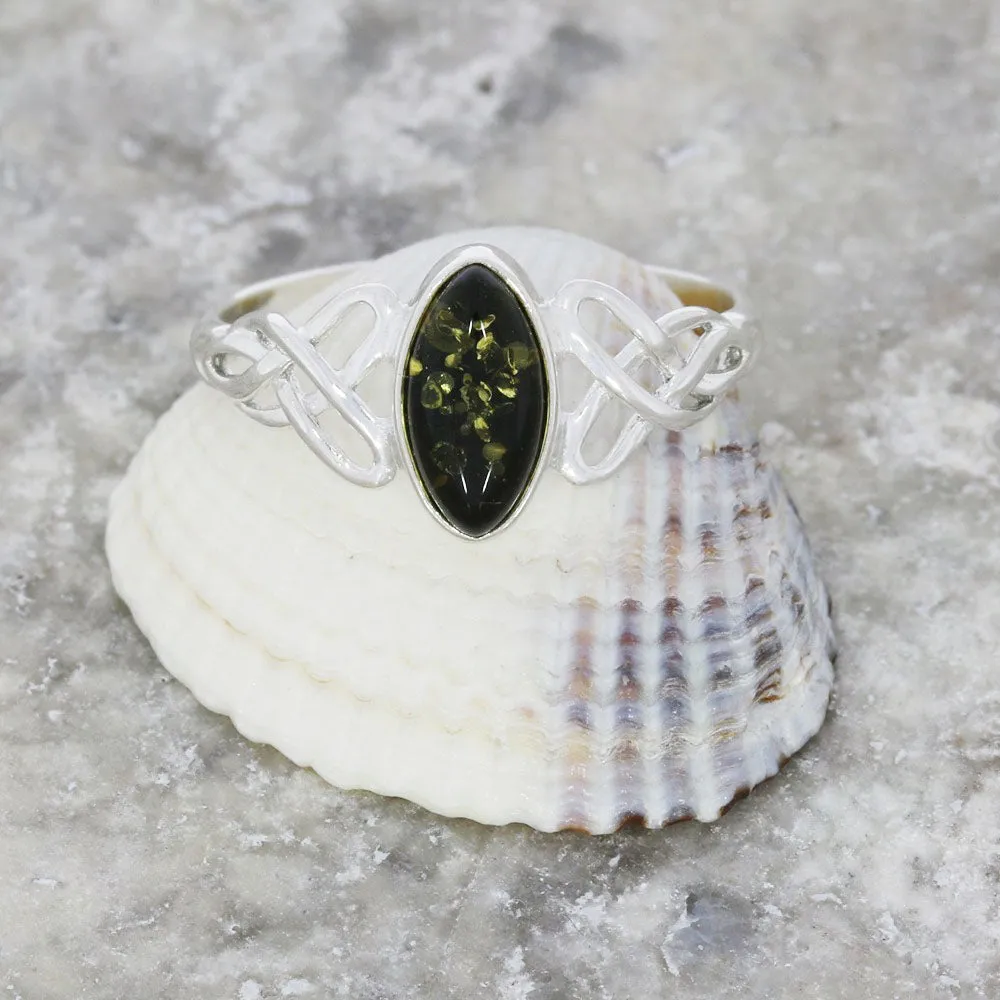Green Amber Sterling Silver Celtic Ring