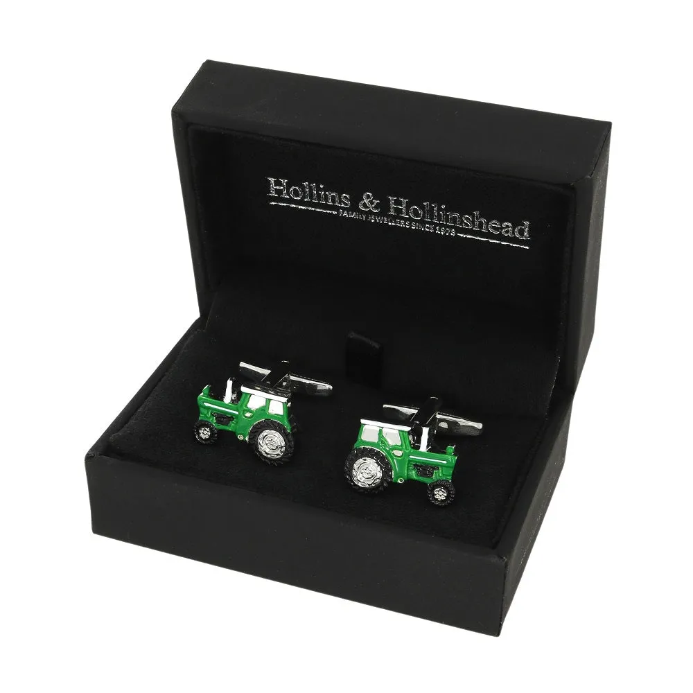 Green Tractor Rhodium Plate Mens Cufflinks 901404