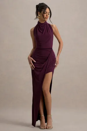 Hayden | Burgundy High-Neck Draped Split Maxi Dress Club L London