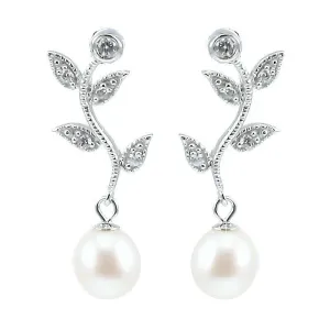 Lido Pearls White Freshwater Pearl and Cubic Zirconia Leaf Drop Earrings C22EW
