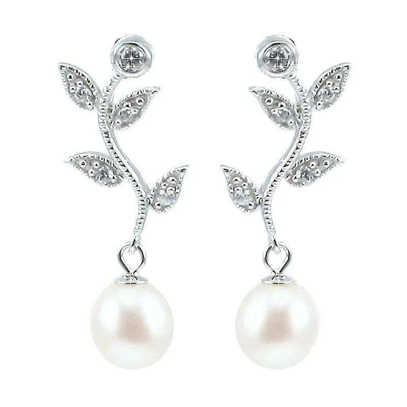 Lido Pearls White Freshwater Pearl and Cubic Zirconia Leaf Drop Earrings C22EW