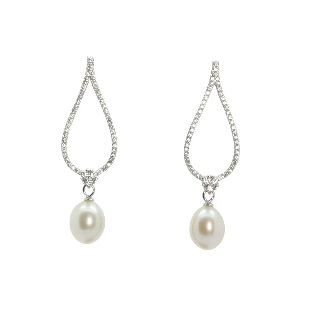 Lido Pearls White Freshwater Pearl Silver CZ Drop Earrings C61E