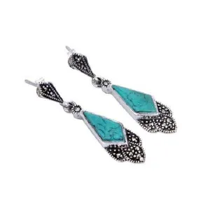 London Vintage Sterling Silver Marcasite and Turquoise Drop Earrings