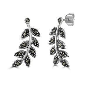 London Vintage Sterling Silver Marcasite Leaf Shaped Stud Earrings