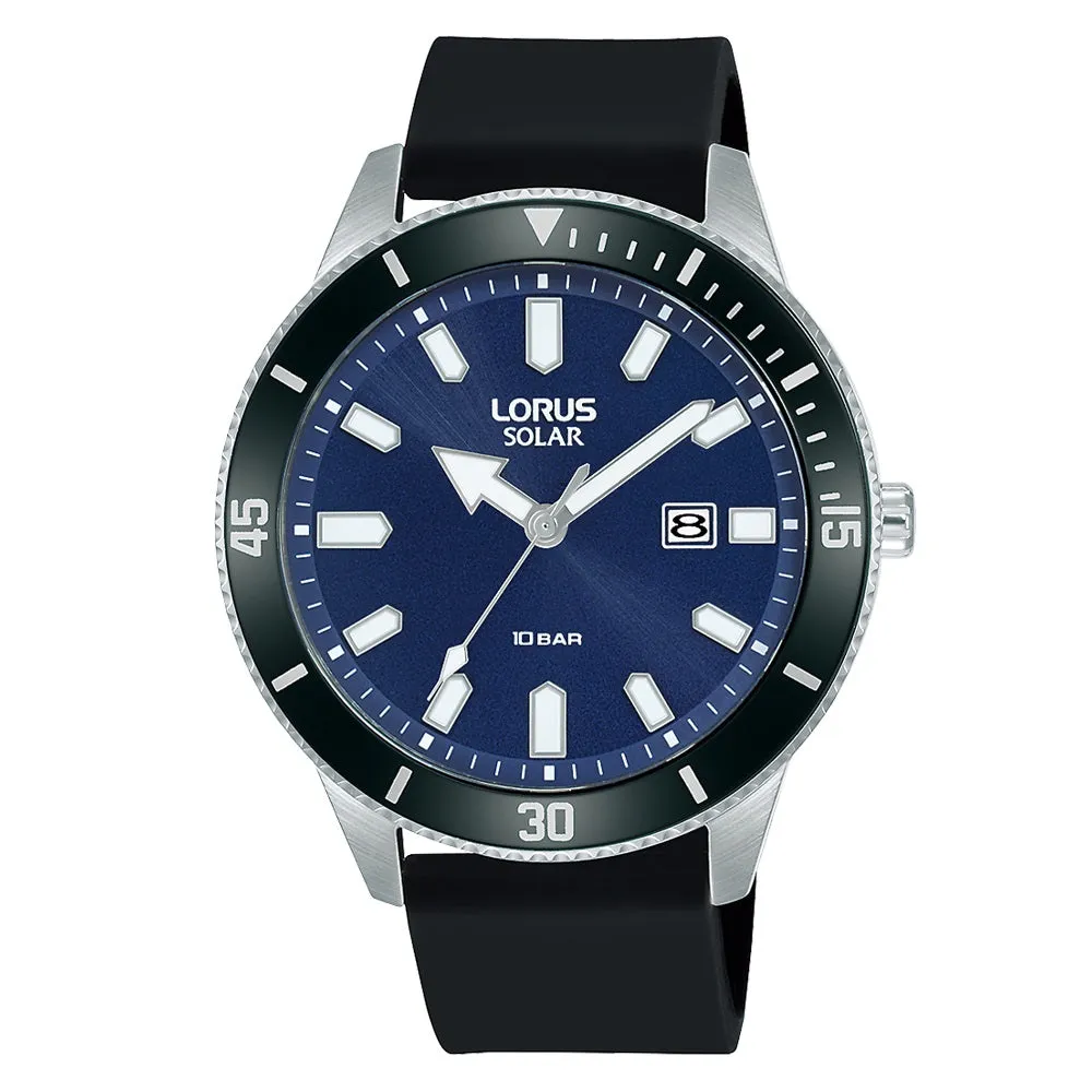 Lorus Blue Dial Black Silicone Strap Solar Mens Watch RX319AX9
