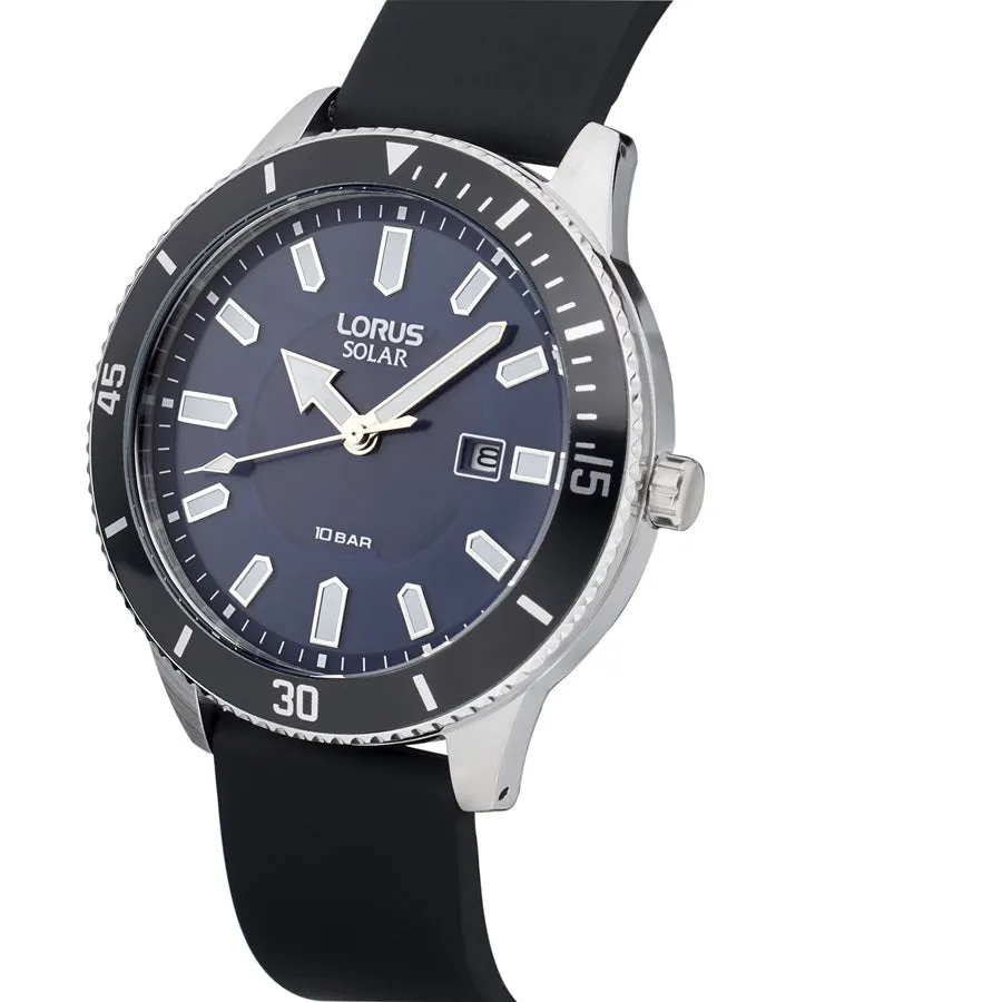 Lorus Blue Dial Black Silicone Strap Solar Mens Watch RX319AX9