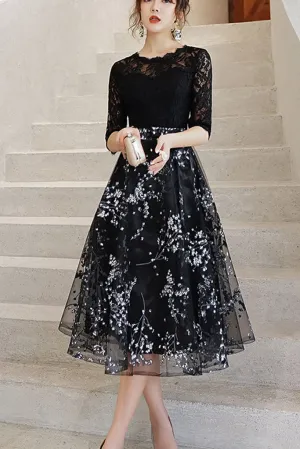 Luxury Feel Half Sleeve Lace Top Contrast Midi Dress - Black S in Clearance  Last Chance!