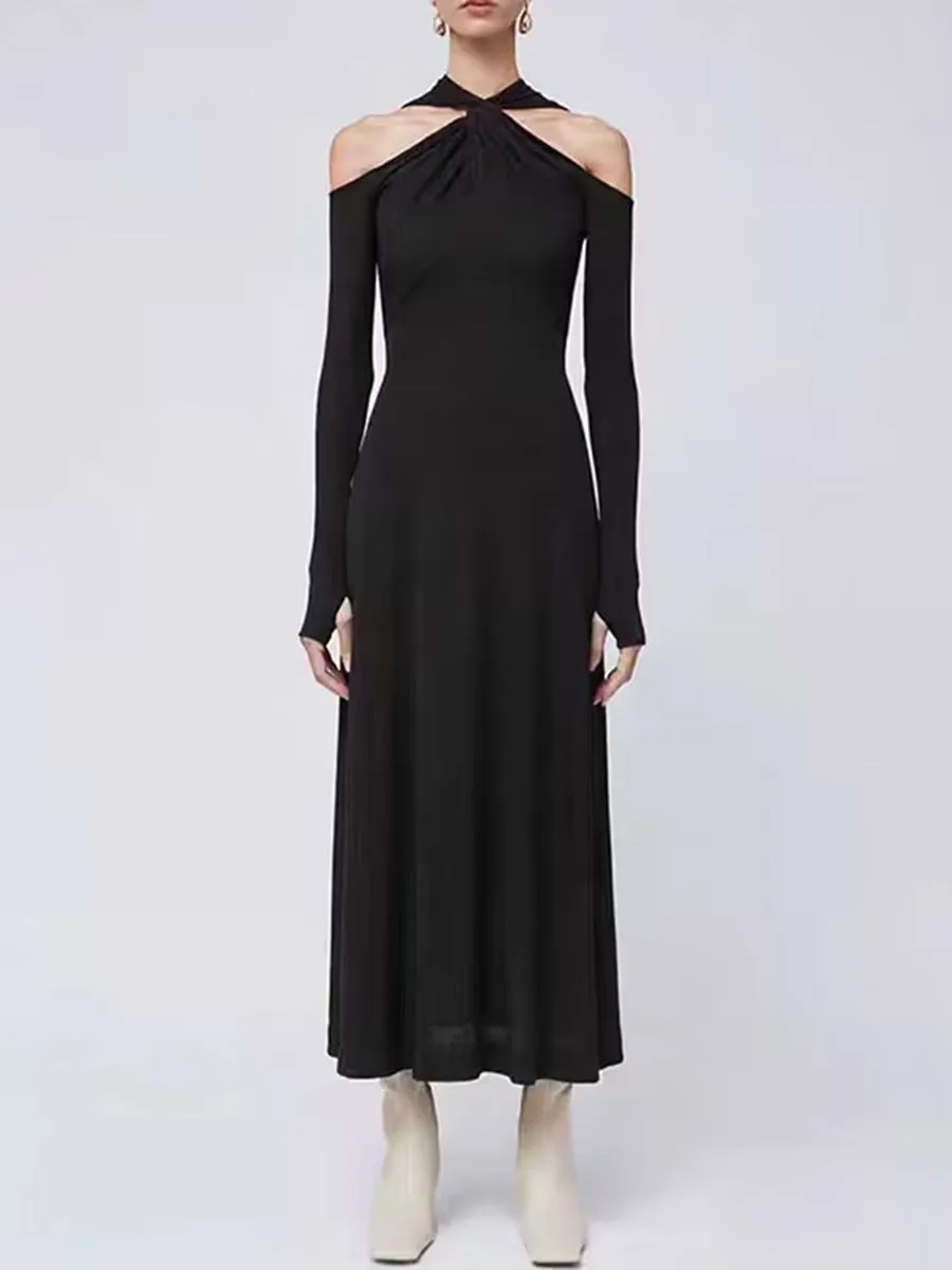 Luxury Feel V Neck Long Sleeve Hollow Out Solid Color Dresses  Limited Stock!