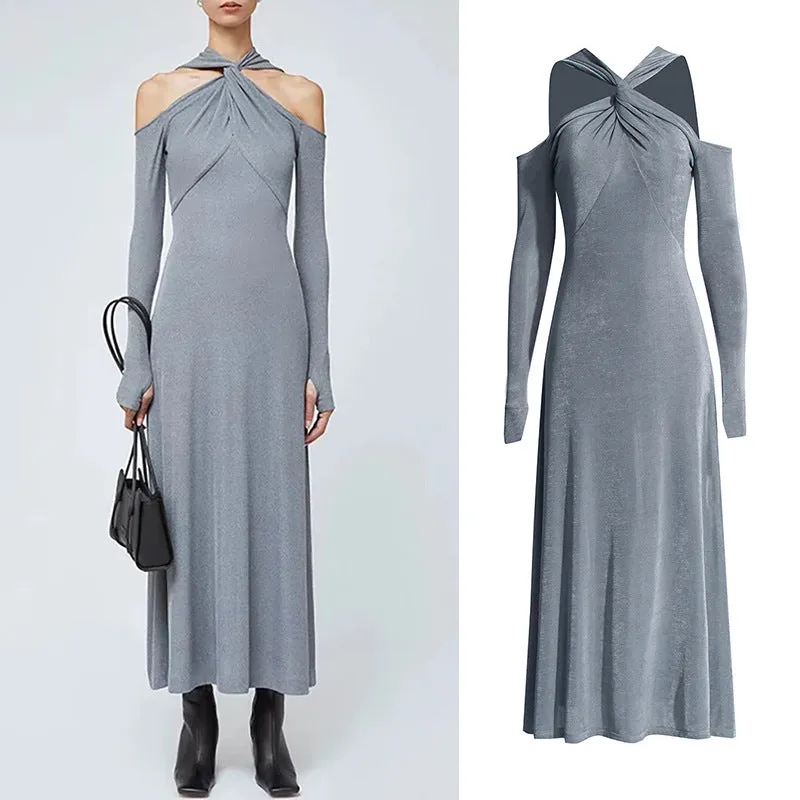 Luxury Feel V Neck Long Sleeve Hollow Out Solid Color Dresses  Limited Stock!