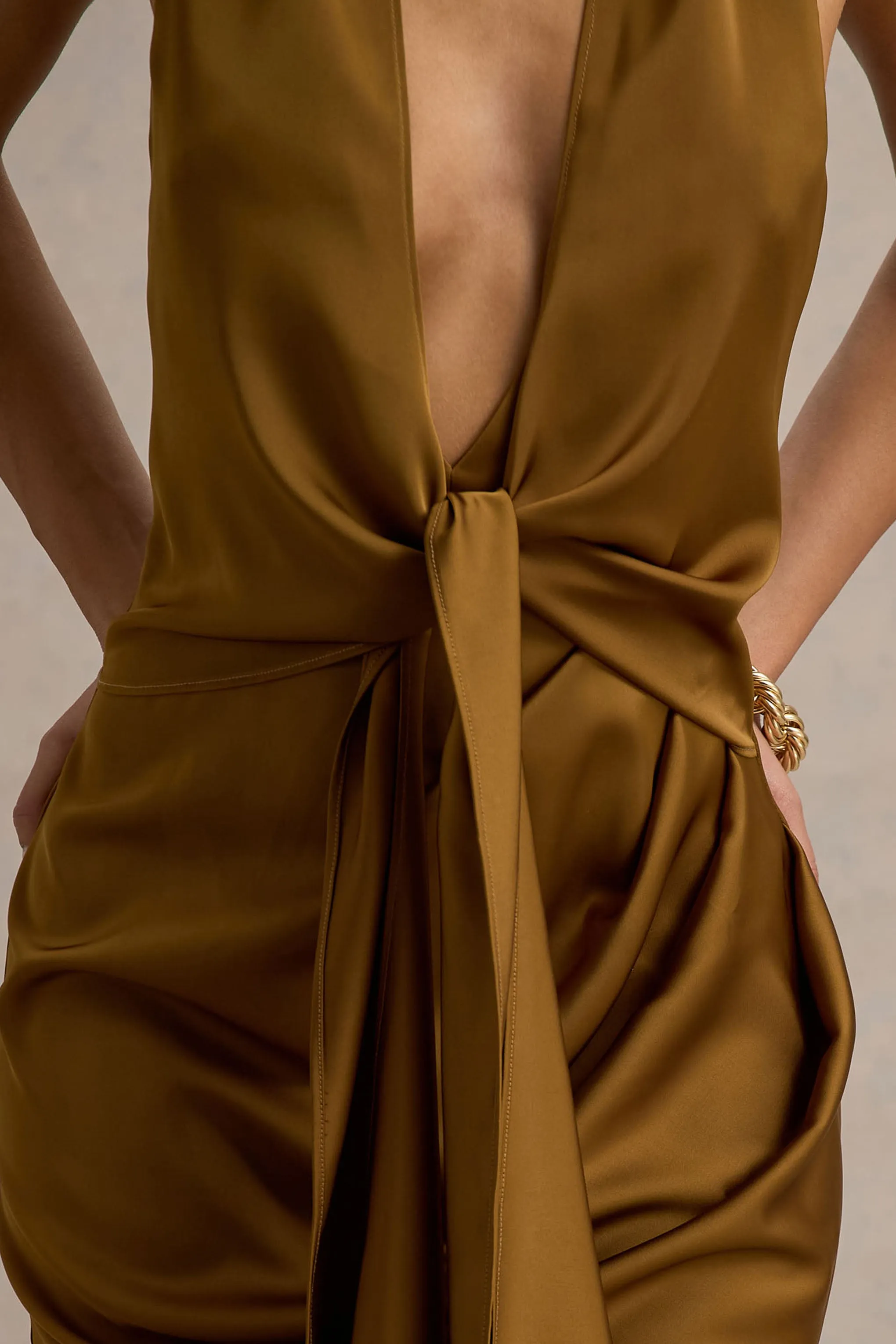 Lynette | Olive Satin Plunge-Neck Asymmetric Maxi Dress Club L London