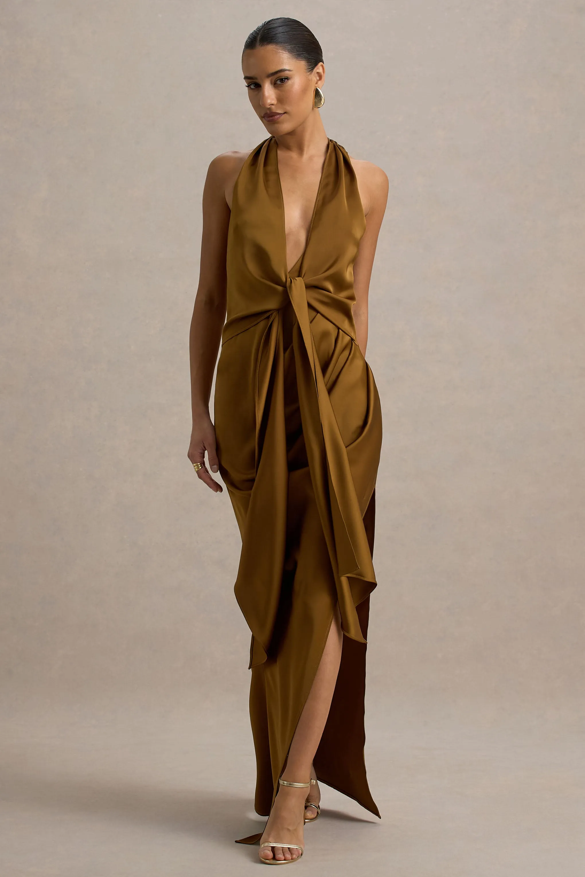Lynette | Olive Satin Plunge-Neck Asymmetric Maxi Dress Club L London