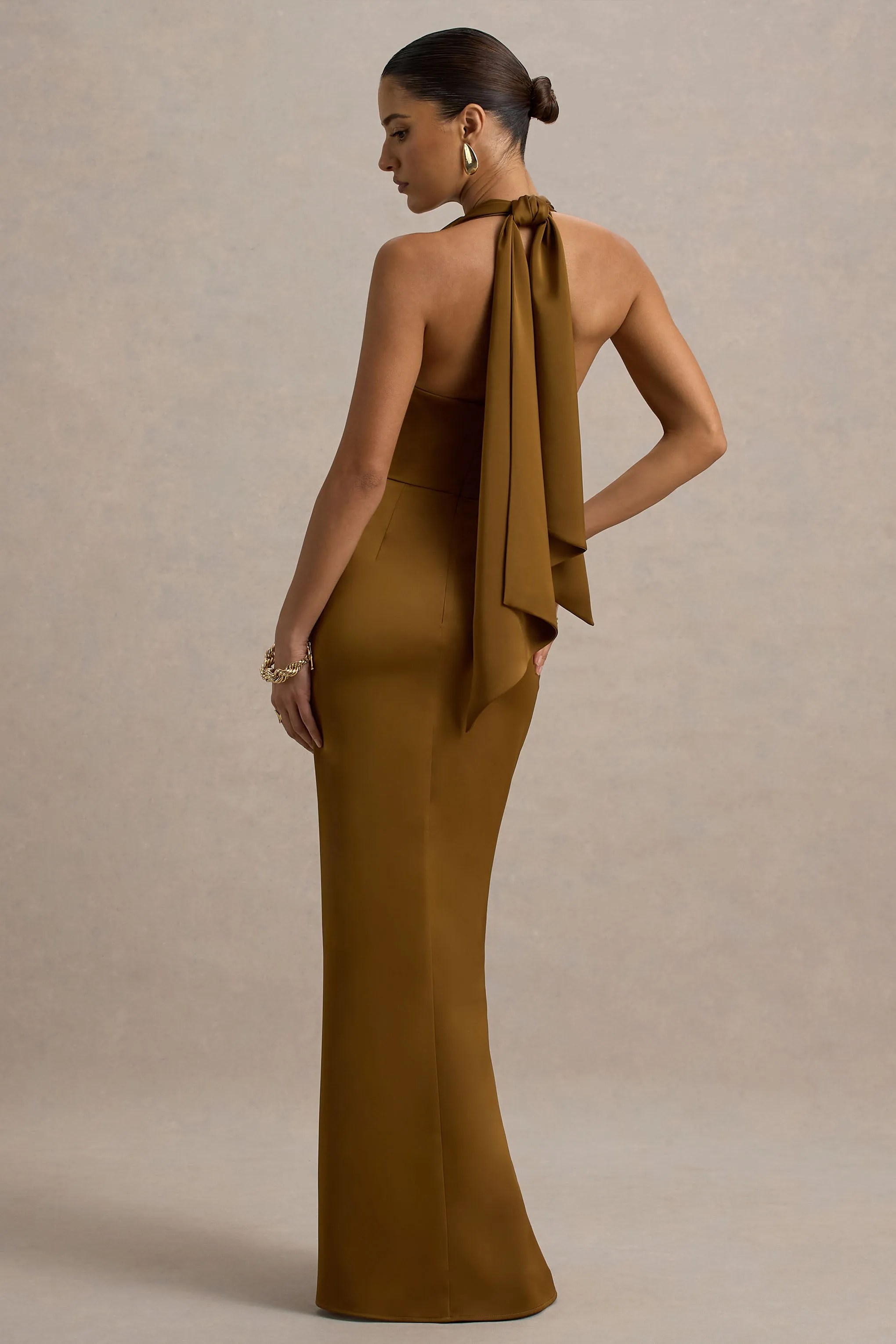 Lynette | Olive Satin Plunge-Neck Asymmetric Maxi Dress Club L London