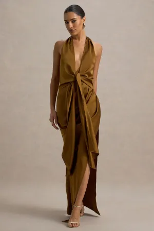 Lynette | Olive Satin Plunge-Neck Asymmetric Maxi Dress Club L London