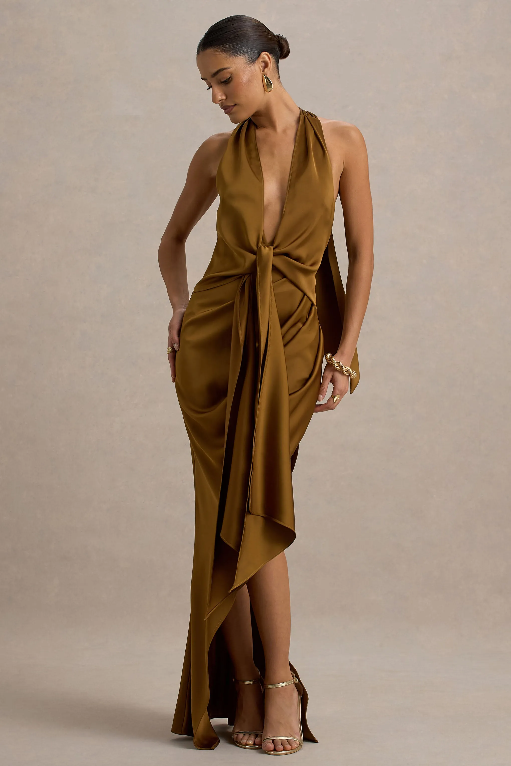Lynette | Olive Satin Plunge-Neck Asymmetric Maxi Dress Club L London