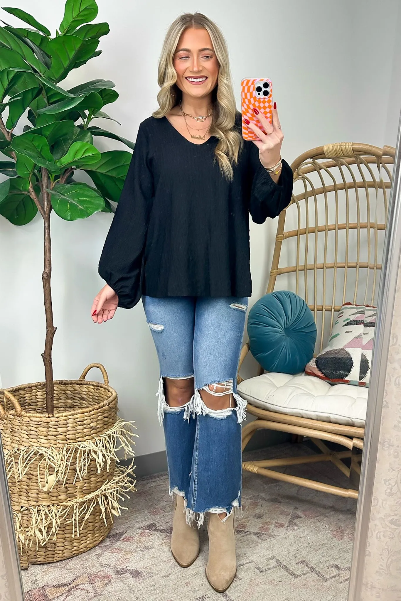 Maybelle Balloon Sleeve Textured V-Neck Top - FINAL SALE