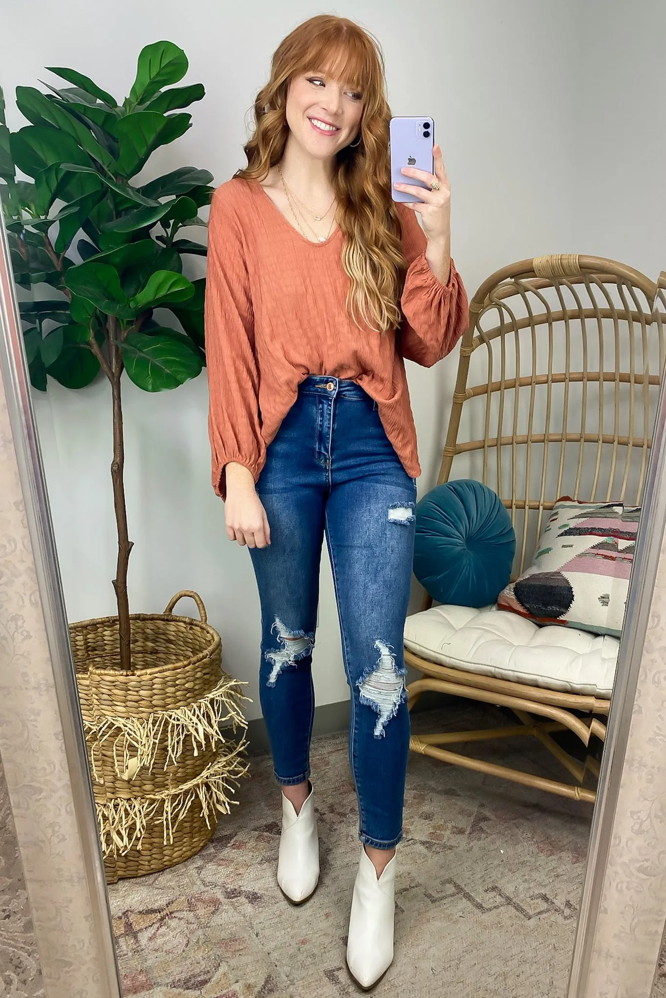 Maybelle Balloon Sleeve Textured V-Neck Top - FINAL SALE