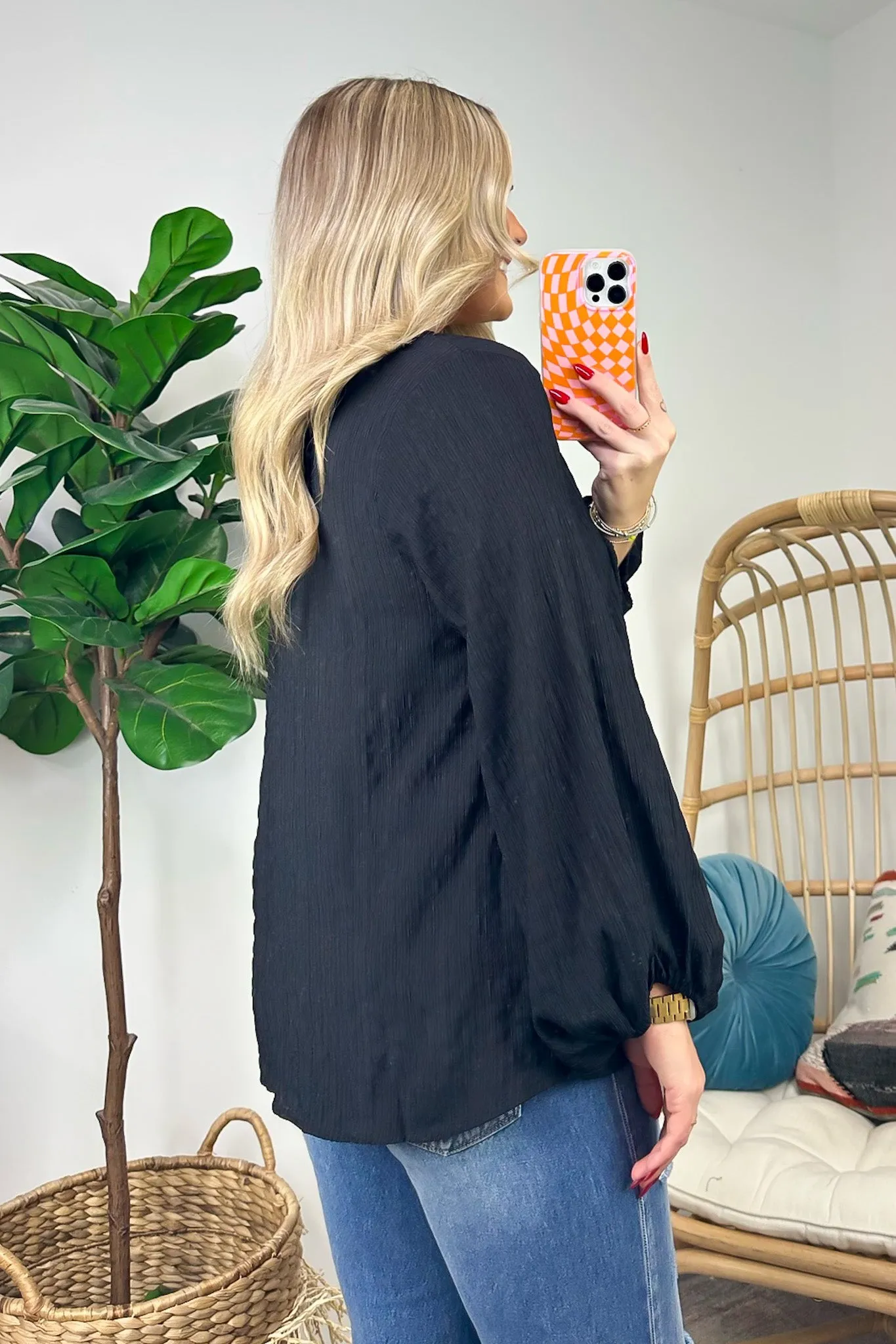 Maybelle Balloon Sleeve Textured V-Neck Top - FINAL SALE