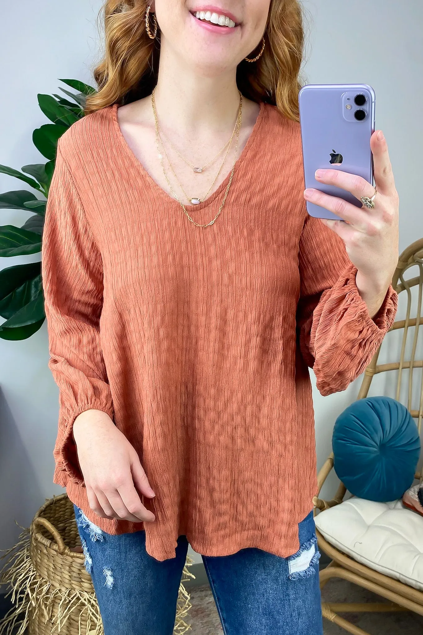 Maybelle Balloon Sleeve Textured V-Neck Top - FINAL SALE