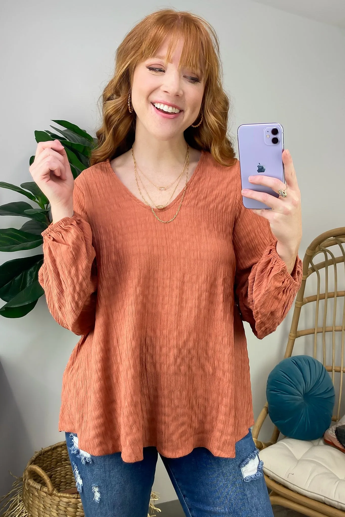 Maybelle Balloon Sleeve Textured V-Neck Top - FINAL SALE