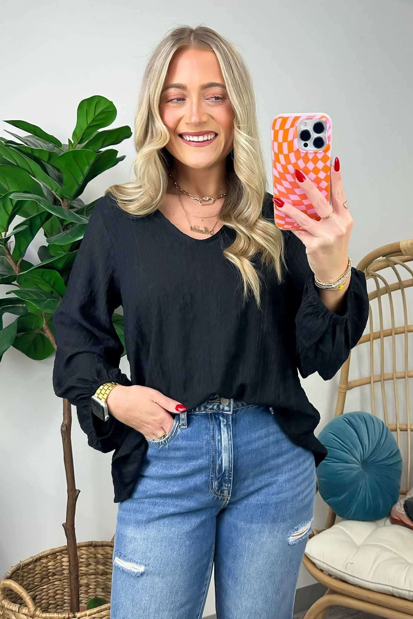 Maybelle Balloon Sleeve Textured V-Neck Top - FINAL SALE