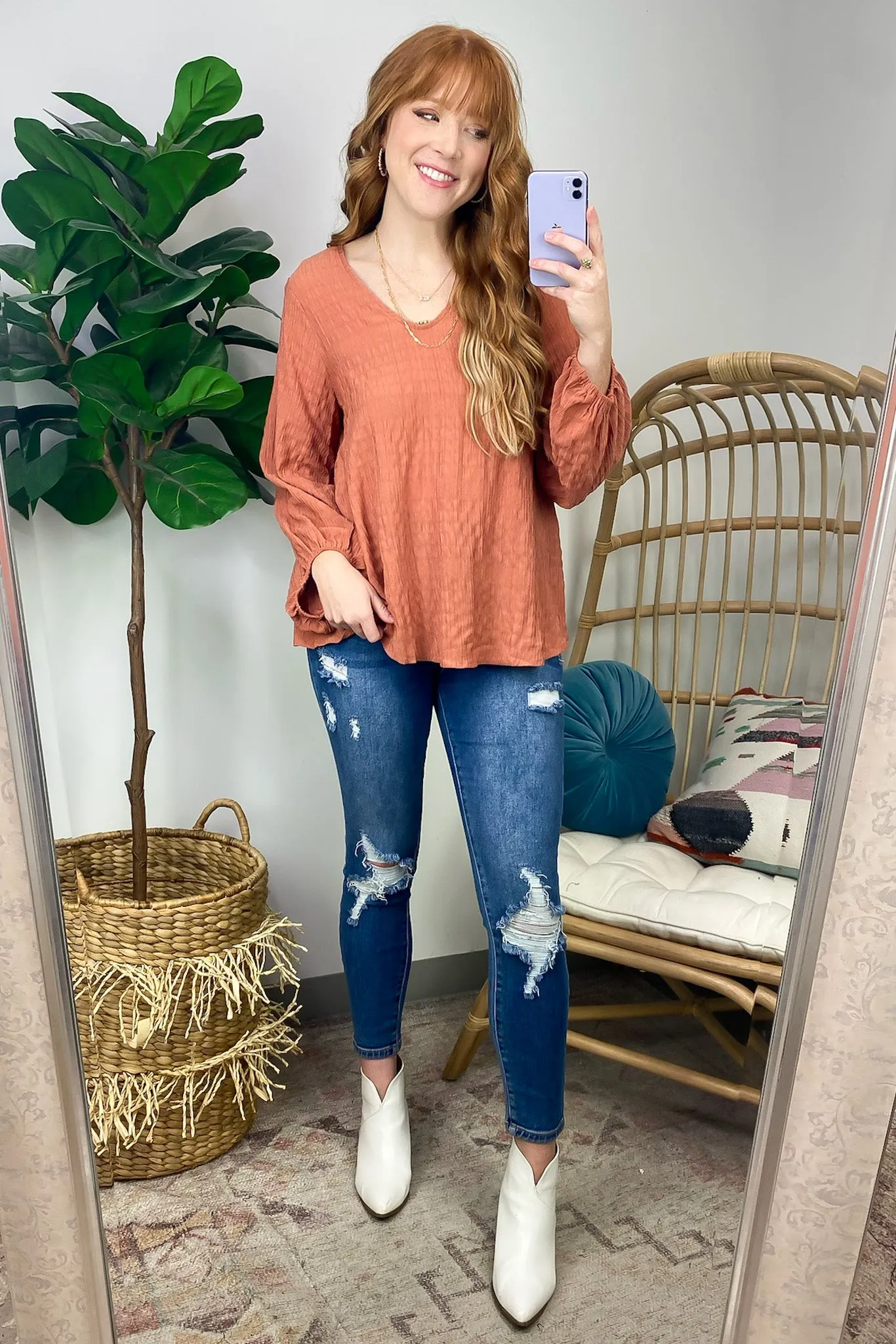 Maybelle Balloon Sleeve Textured V-Neck Top - FINAL SALE