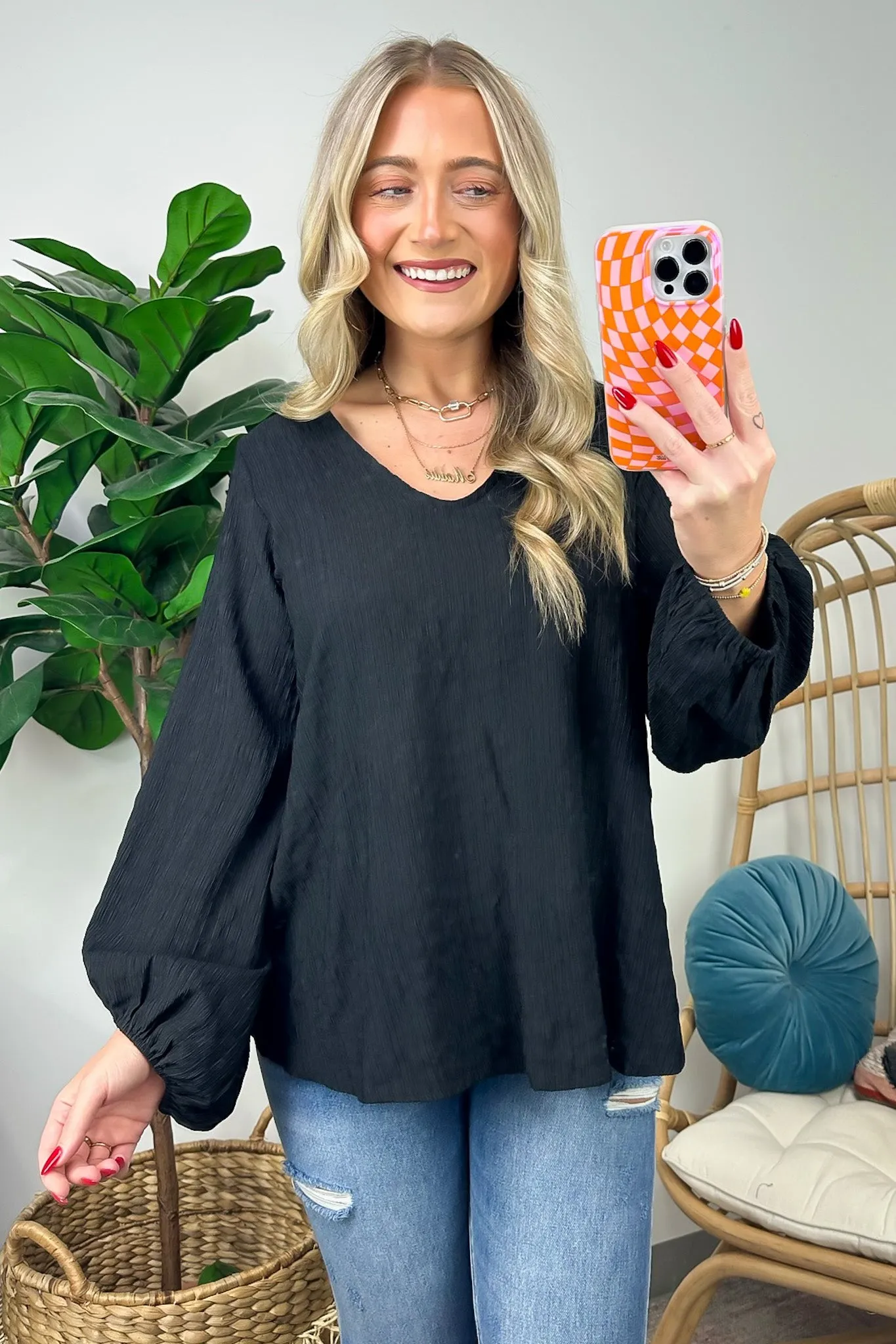 Maybelle Balloon Sleeve Textured V-Neck Top - FINAL SALE