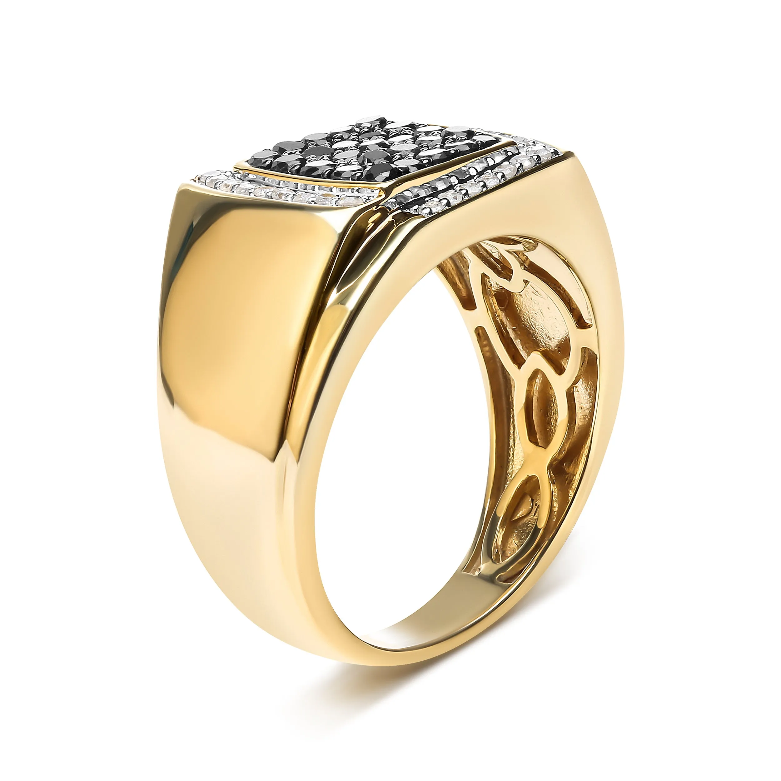 Men's 10K Yellow Gold 1.00 Cttw Cushion Cluster Black and White Diamond Statement Ring