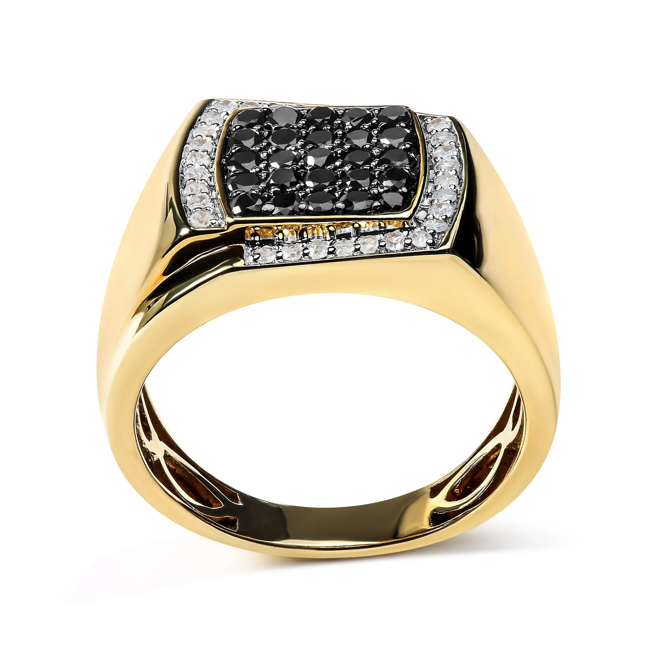 Men's 10K Yellow Gold 1.00 Cttw Cushion Cluster Black and White Diamond Statement Ring