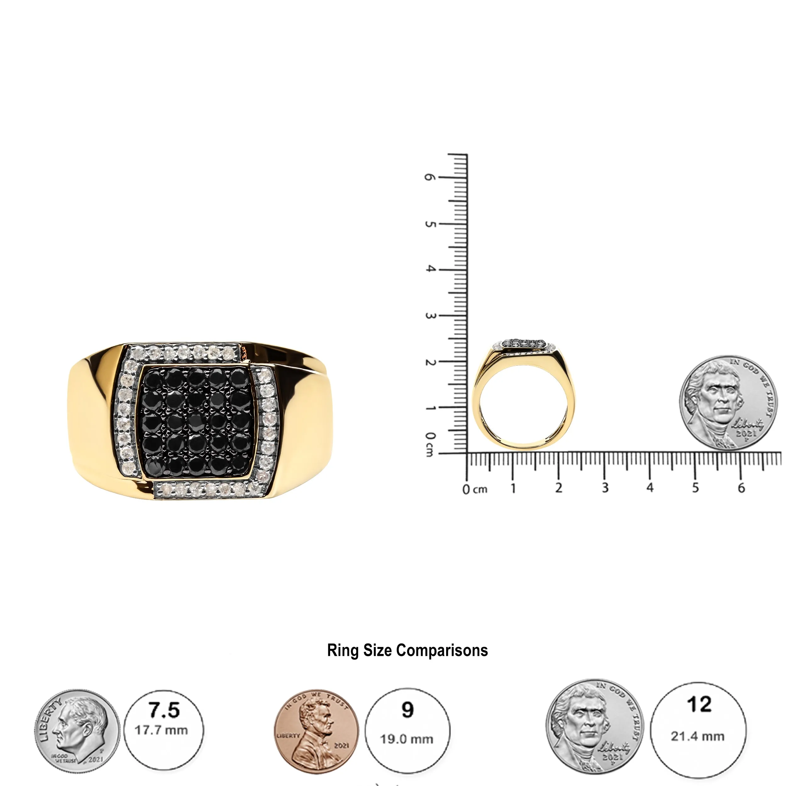 Men's 10K Yellow Gold 1.00 Cttw Cushion Cluster Black and White Diamond Statement Ring