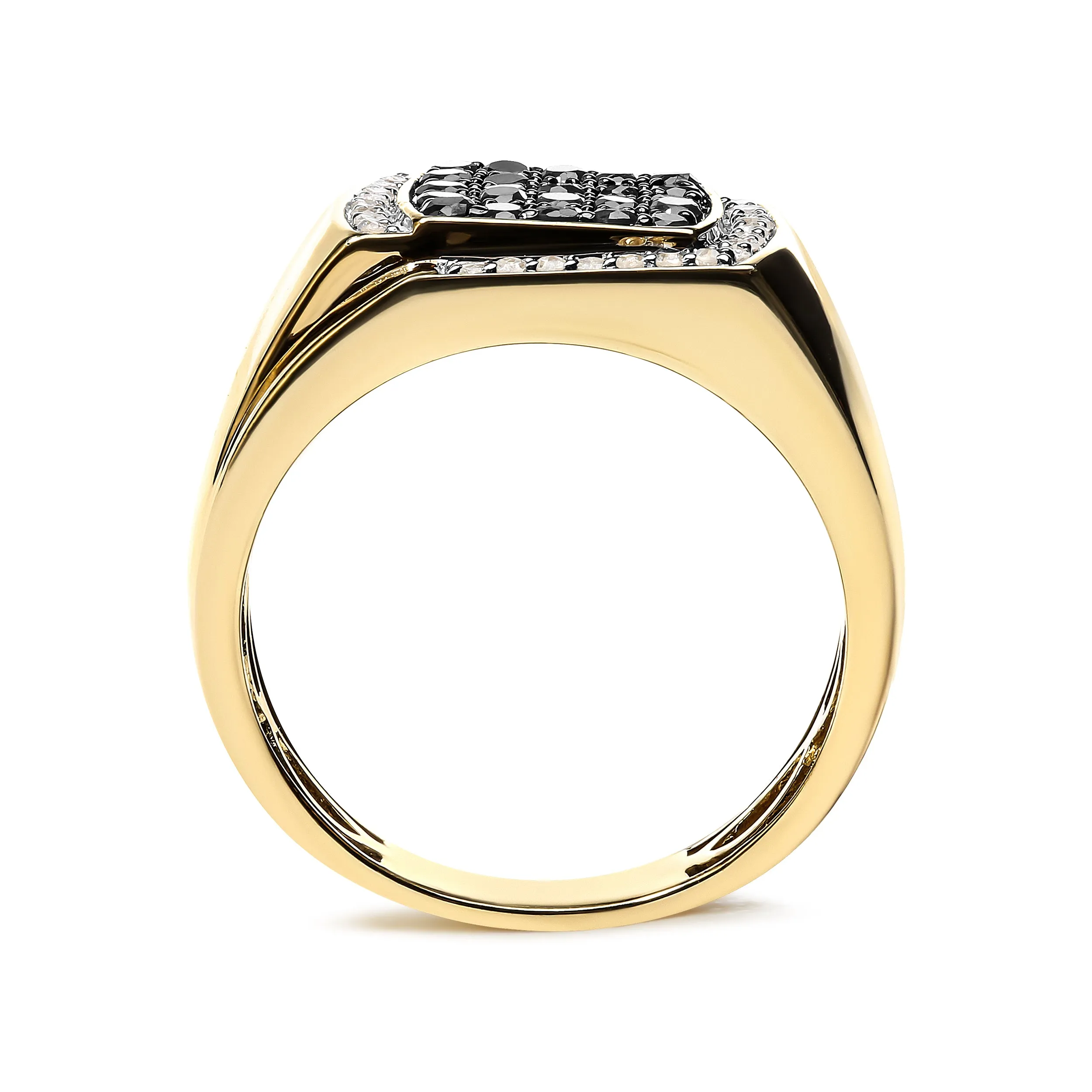 Men's 10K Yellow Gold 1.00 Cttw Cushion Cluster Black and White Diamond Statement Ring