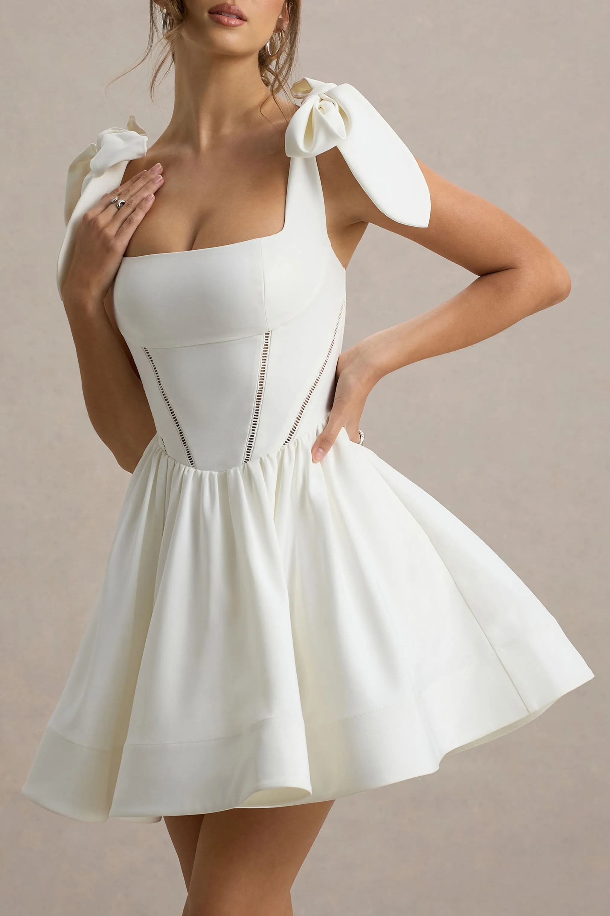 Mochi | White Skater Mini Dress With Bow Straps Club L London