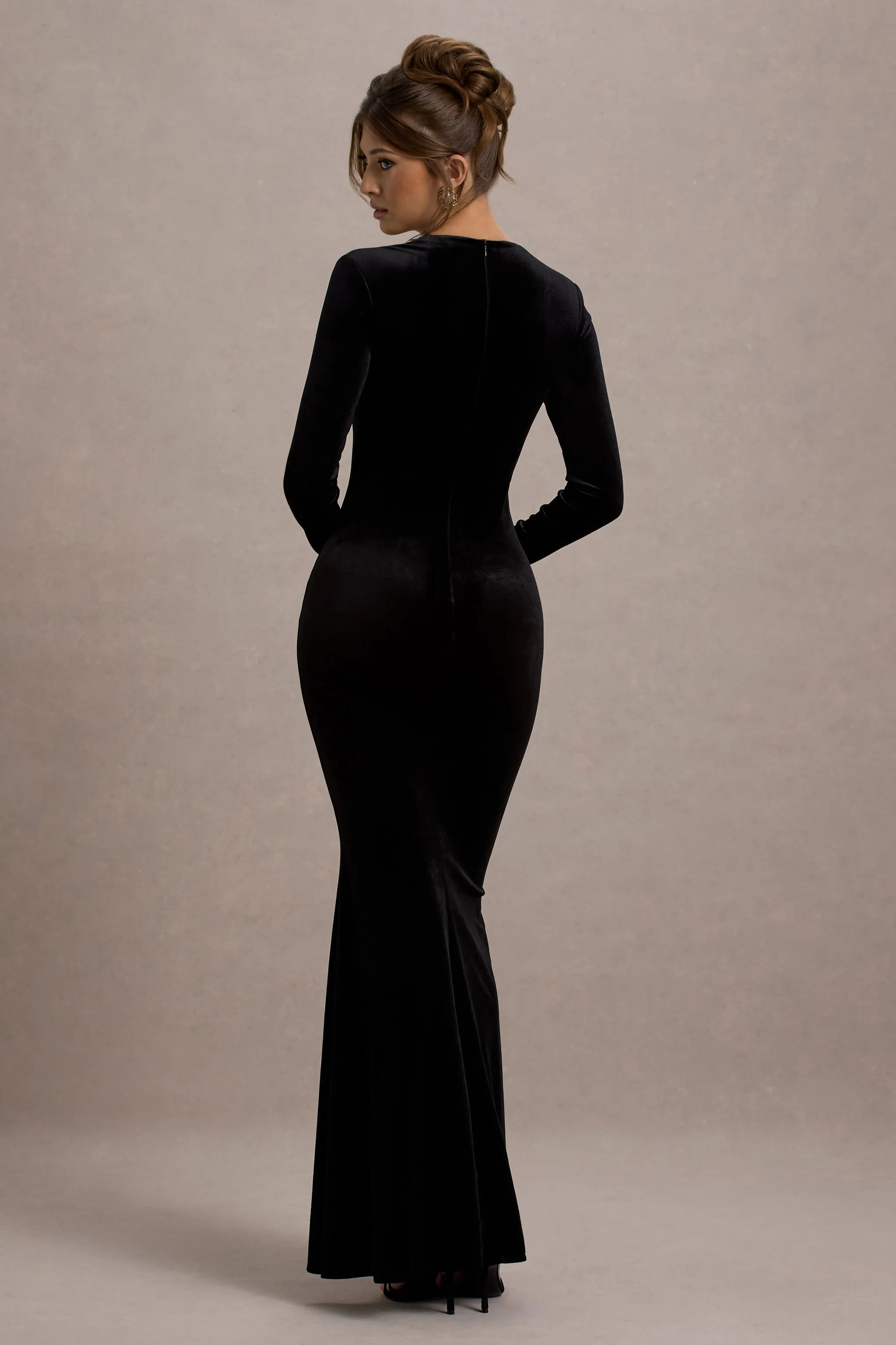 Morana | Black Velvet Square-Neck Long-Sleeve Maxi Dress Club L London