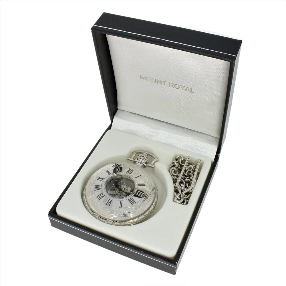 Mount Royal Chrome Plated Full Hunter Skeleton Dial Mechanical Pocket Watch MR-B42
