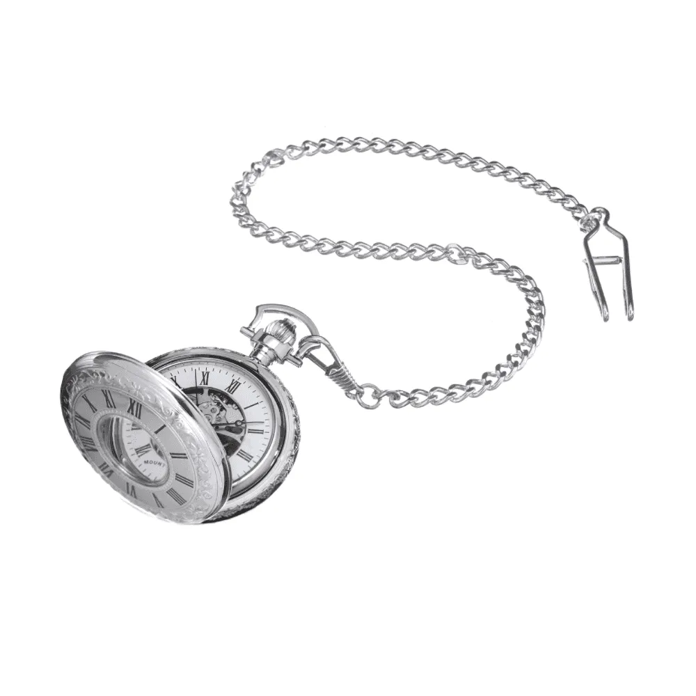 Mount Royal Chrome Plated Full Hunter Skeleton Dial Mechanical Pocket Watch MR-B42