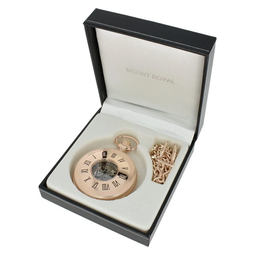 Mount Royal Rose Gold Plated Half Hunter Skeleton Dial Mechanical Pocket Watch MR-B45