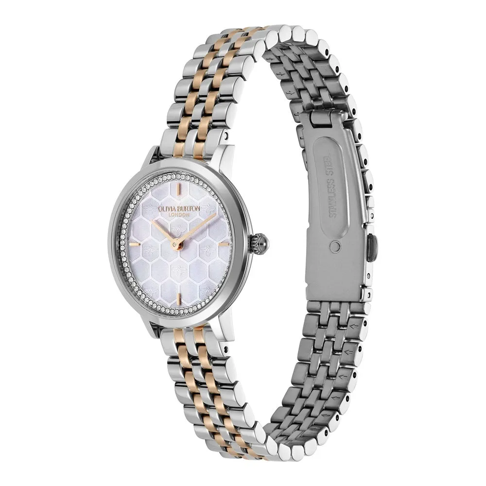 Olivia Burton Signature Honeycomb Ultra Slim Dove Grey Ladies Two Tone Watch 24000265