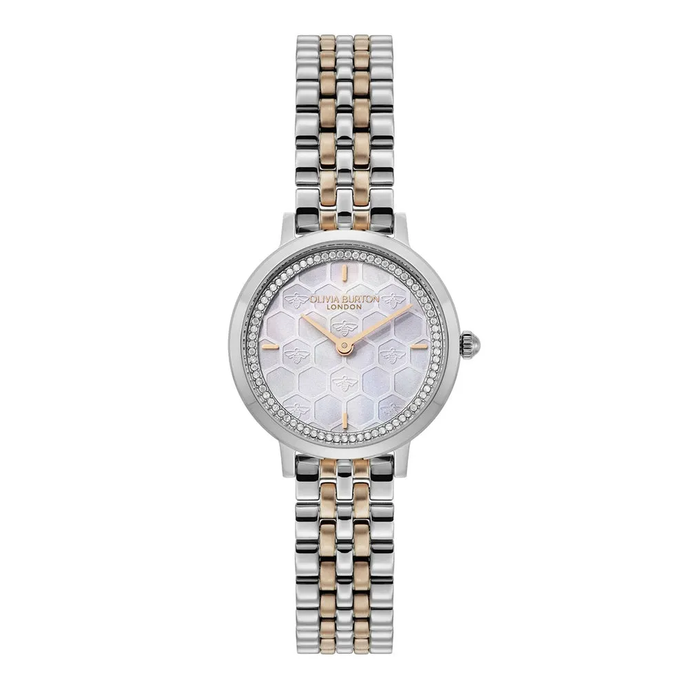 Olivia Burton Signature Honeycomb Ultra Slim Dove Grey Ladies Two Tone Watch 24000265