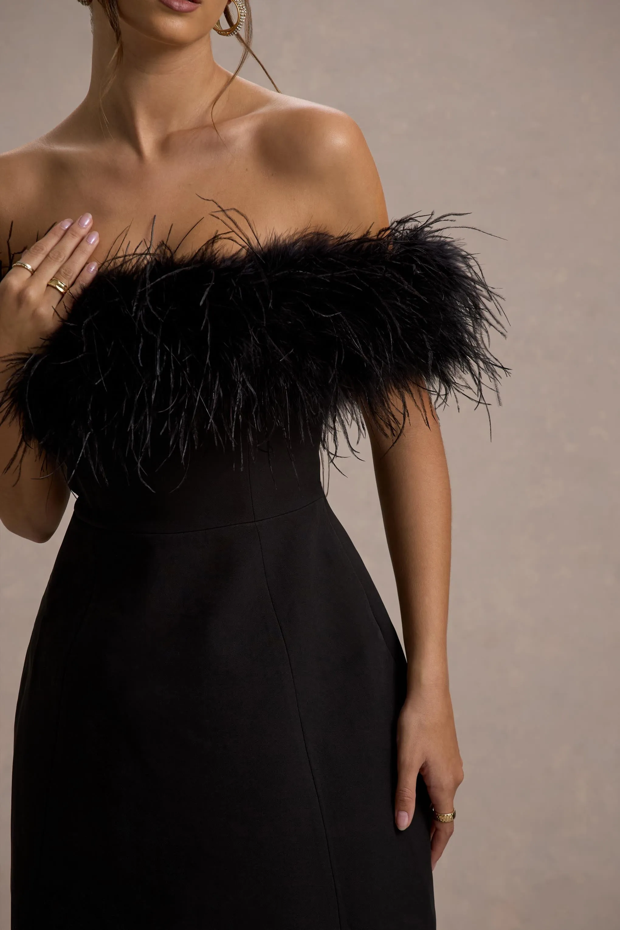 Palace | Black Bardot Mini Dress With Feather Trim Club L London